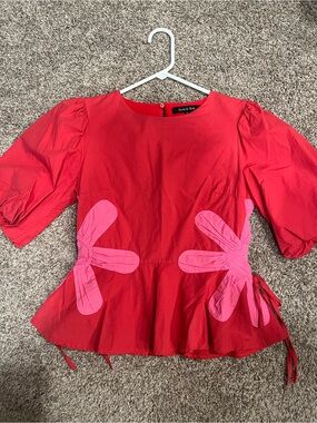 Smythe Red Peplum Blouse with Pink Floral Appliqué